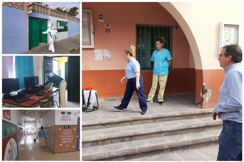 El concejal Juan Francisco Artiles supervisa los trabajos de limpieza y desinfección de un centro escolar de Telde (Foto TA)